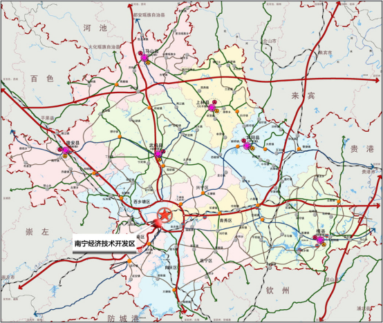 市中心和五象新区,通过机场线(规划)连接中心片区和吴圩国际机场,区内